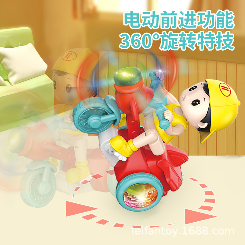 跨境卡通小男孩三轮车电动前进特技旋转炫酷灯光音乐儿童电动玩具产品图
