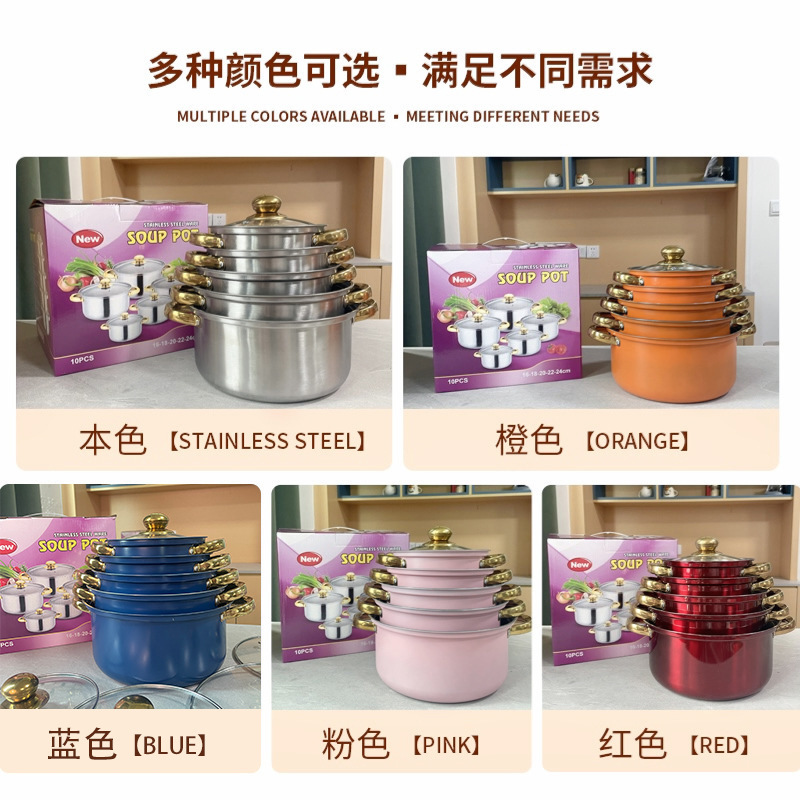 Cross-border bestseller Stainless steel color soup pot set of five pieces, 16-18-20-22-24 cm multi-functional double ears details Picture