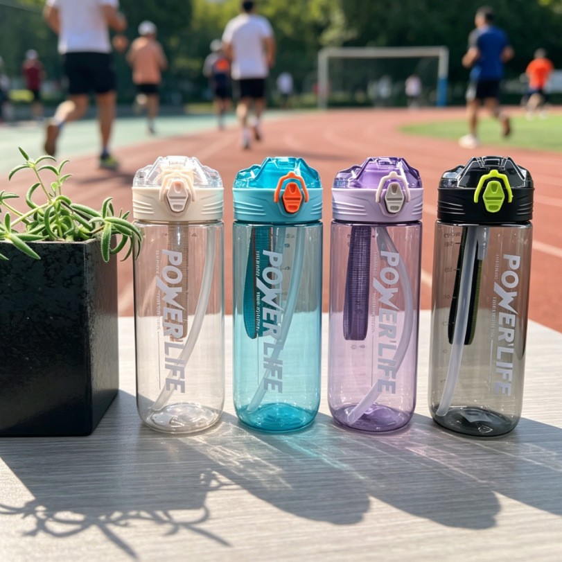 New portable plastic water cup with scale, large-capacity sports water bottle, and fitness space cup for male and female students