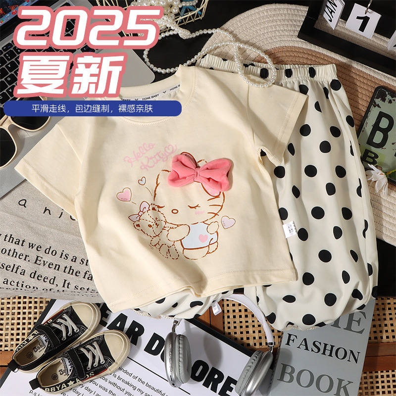 Children's summer short-sleeved set, girls' T-shirt, cartoon pure cotton polka dot pants, Korean version girls' sweet clothing wholesale a details Picture