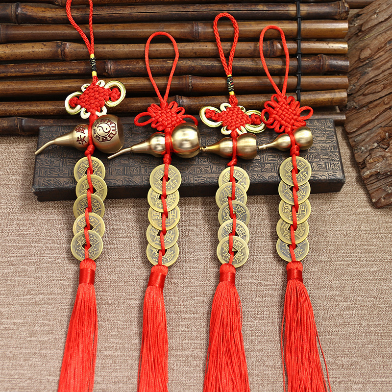 黄铜福禄安康铜葫芦五帝钱纳福挂件仿古中国结八帝梅花挂饰招财