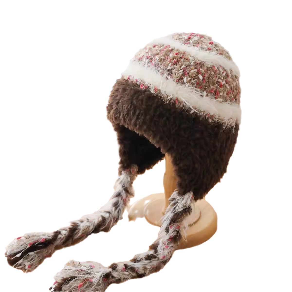 Autumn and winter hats for girls, cute knitted Lei Feng hats, warm and cold-proof, fringed ear-protecting, woolen, Japanese and Korean style braided hats Item Picture
