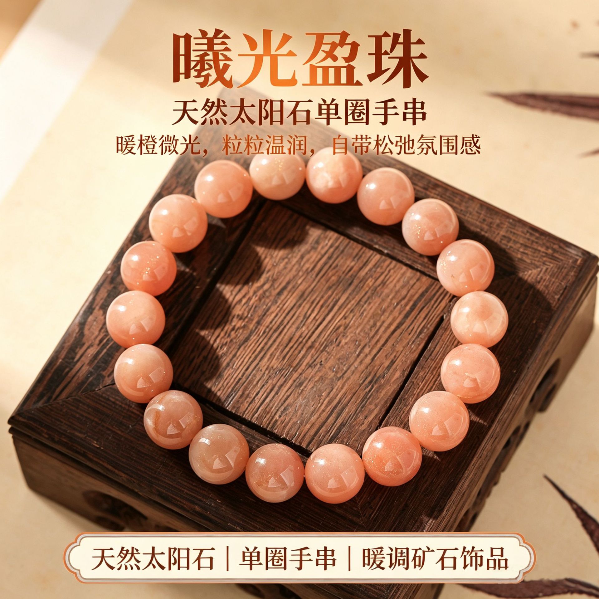 天然石手串太阳石单圈手链暖调矿石文玩配饰男女款工厂批发