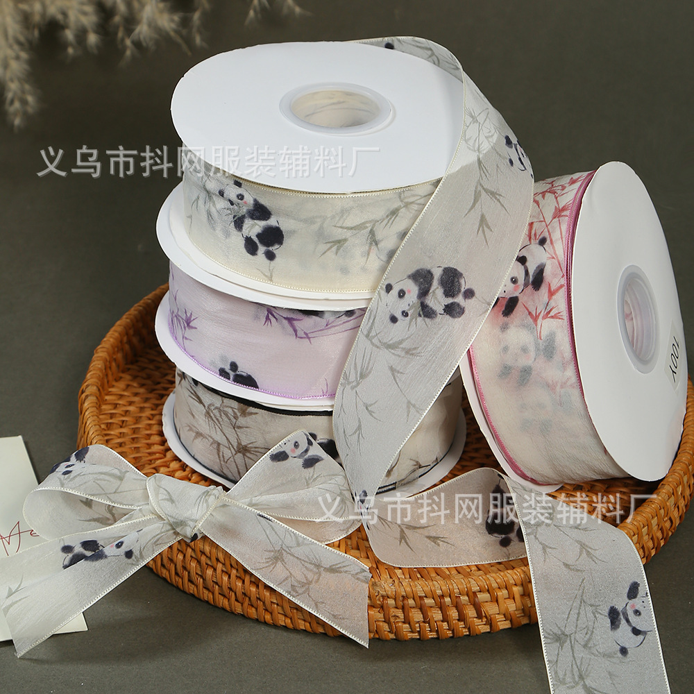 Chinese-style ink-wash panda chiffon printed ribbon diy bouquet, Chinese-style gift box decorative ribbon, handcrafted satin ribbon webbing