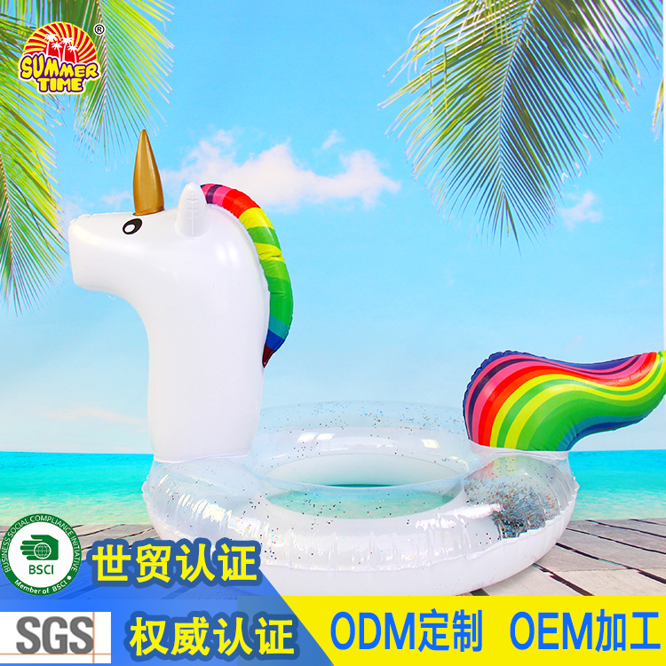 外贸充气独角马亮片泳圈 PVC独角兽游泳圈 成人彩虹马动物圈