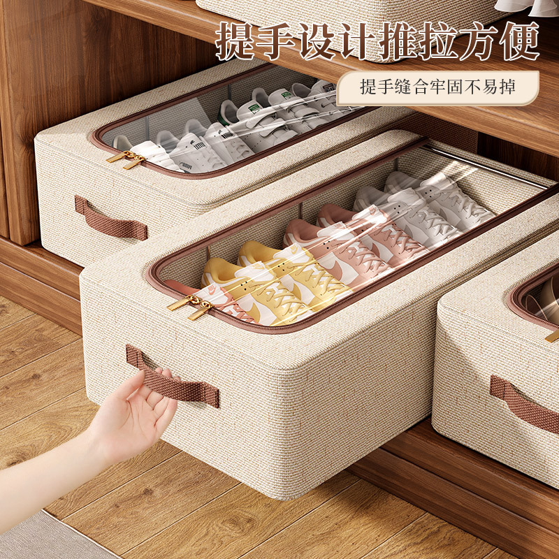 High-quality Tianshan cotton and linen household transparent shoe storage box, waterproof, foldable, thickened steel frame bed bottom storage box details Picture