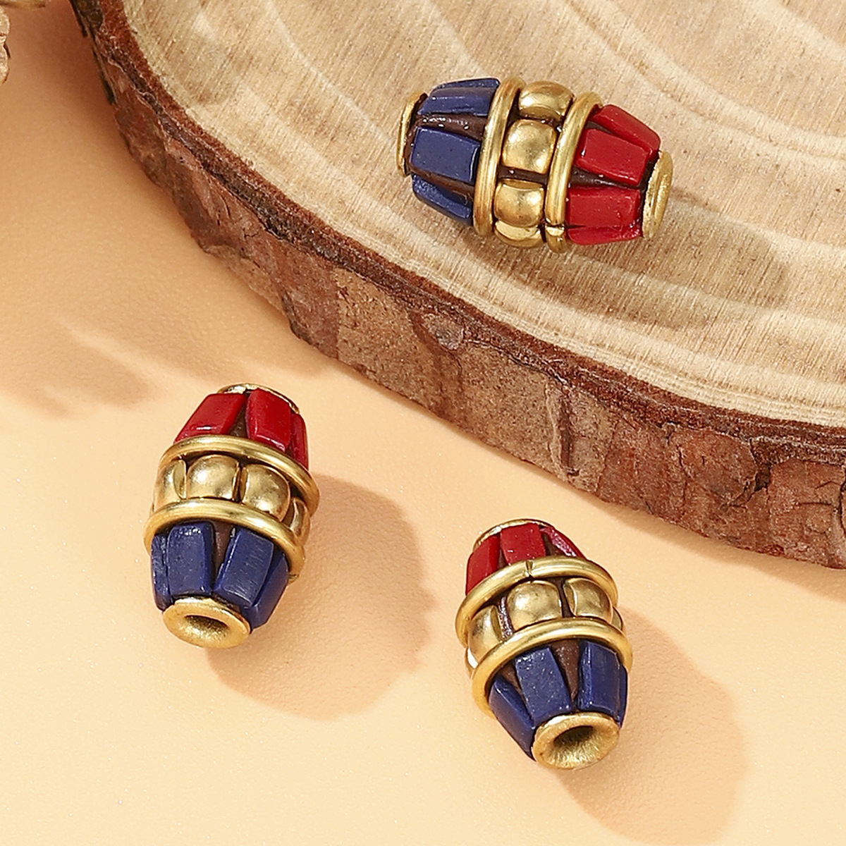 Tibetan-style Nepalese bucket beads, retro hand-inlaid red and blue contrasting copper beads DIY jewelry accessories