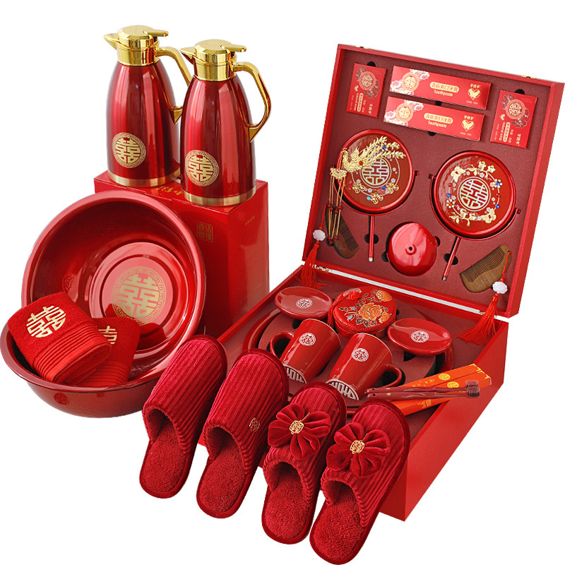 A complete set of wedding supplies for the bride's wedding preparation and dowry, including wedding slippers, wedding washbasins, toiletries, cups and dowry boxes Item Picture
