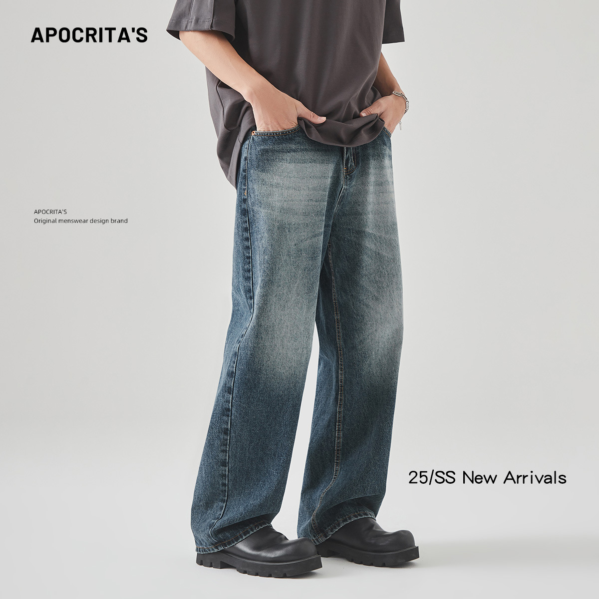 APO Men's Wear: American high street retro pure cotton men's jeans with a trendy design sense, loose straight-leg casual trousers details Picture