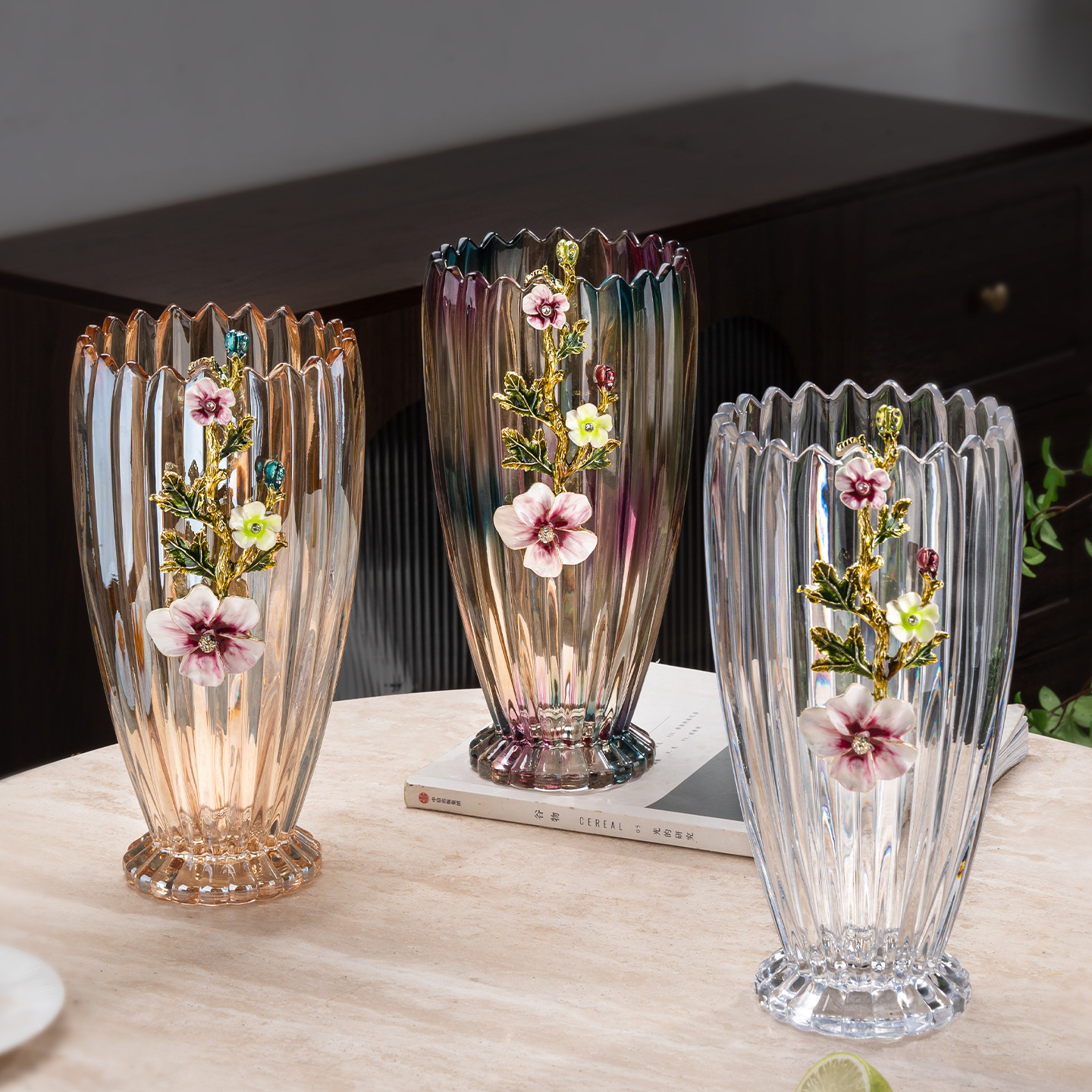 高档珐琅花瓶摆件带装饰客厅插花轻奢大号玻璃瓶加厚花艺莲花花瓶