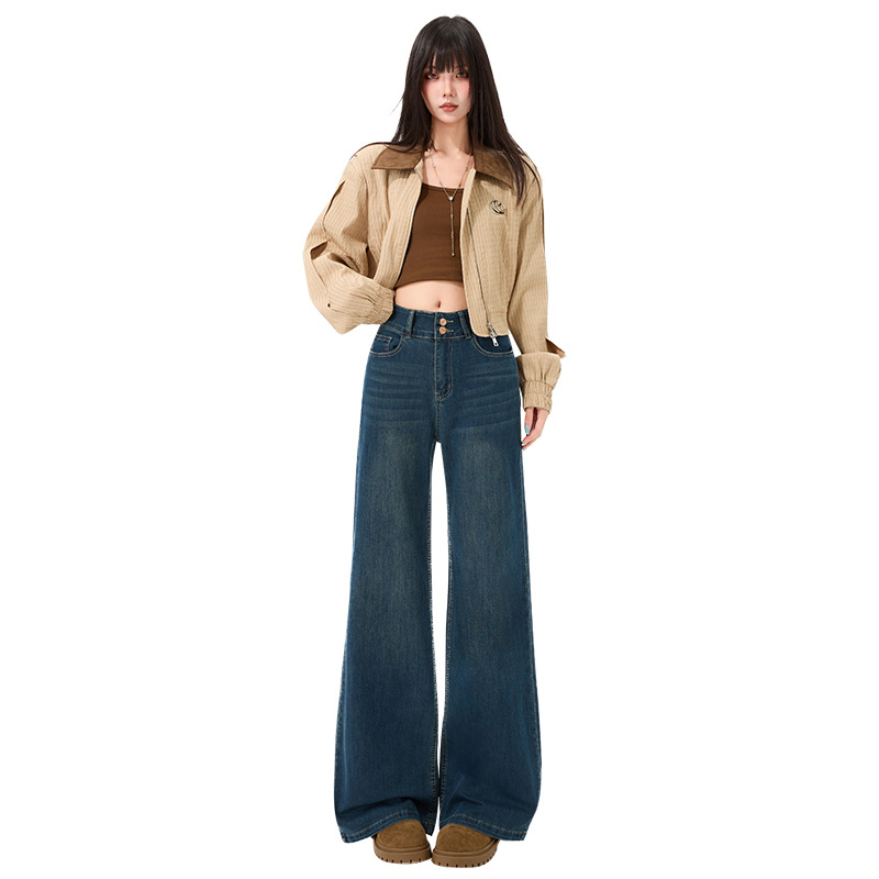 5588's autumn and winter collection features new stretch fleece high-waisted double-button wide-leg floor-length jeans with a loose and draping feel for women Item Picture