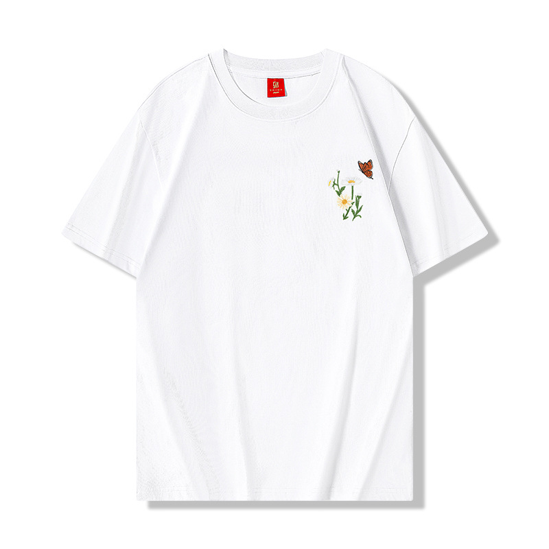 2026 National Trend short-sleeved T-shirt, butterfly light change embroidery, Chinese style, round neck, pure cotton loose half-sleeve, national trend summer Specification image