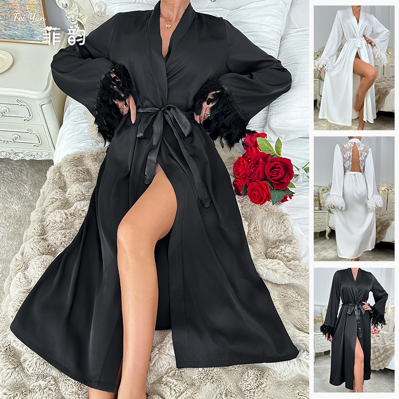 Light luxury foreign trade style fluffy fluffy decorated loose satin bathrobe, long tie V-neck bathrobe, women's home wear 809 full figure