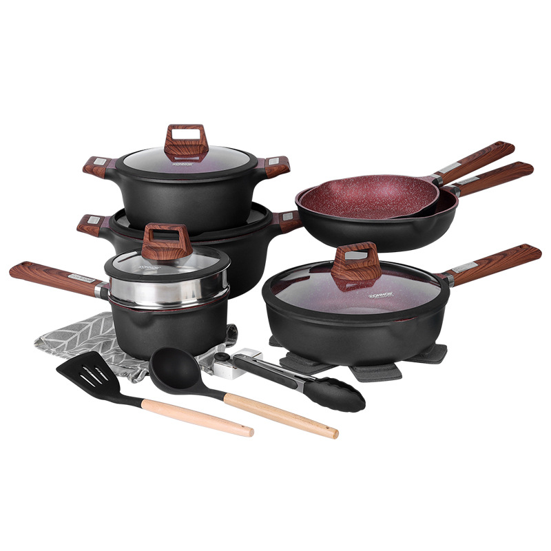 Donnor rich juego de comercio exterior ollas fundición a presión aluminio granito antiadherente revestimiento fondo sartén plato wok leche Specification image