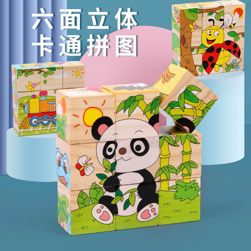 9粒六面画立体拼图块儿童益智力早教幼儿园积木质制玩具变脸魔方细节图