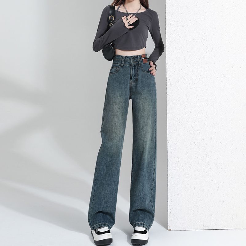Retro denim wide-leg pants, loose straight leg, 2025 new style high waist bag, slender buttocks, floor-length design long pants Specification image