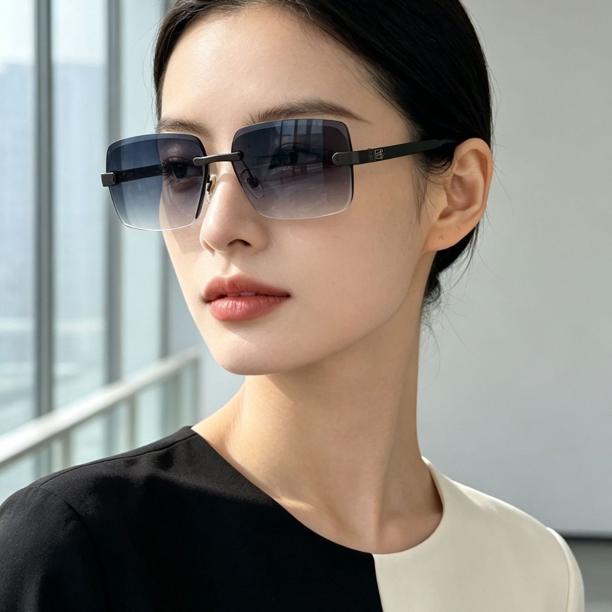 New frameless trimmed sunglasses with metal engraved temple, high-definition gradient UV protection, suitable for both men and women