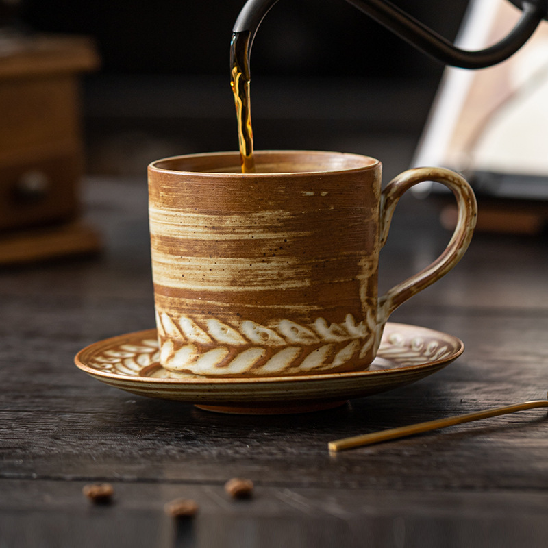 小麦纹咖啡杯碟套装家用复古欧式卡布奇诺拿铁杯子花式咖啡拉花杯产品图