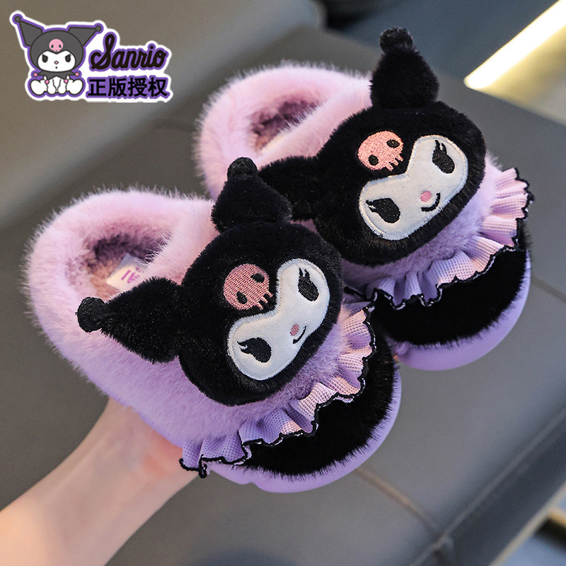 三丽鸥秋冬季儿童棉拖鞋女童保暖加绒库洛米亲子居家厚底宝宝棉鞋白底实物图