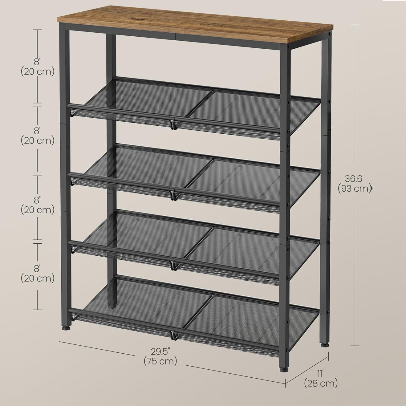 A best-selling shoe cabinet on Amazon cross-border e-commerce, featuring a five-layer inclined multi-functional iron-wood combination storage and dust-proof shoe rack Specification image