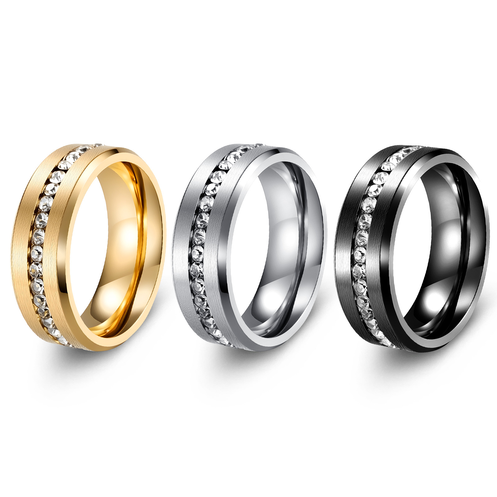 Amazon's best-selling 8MM wide single-row full diamond zircon ring, electroplated black stainless steel couple rings, cross-border jewelry