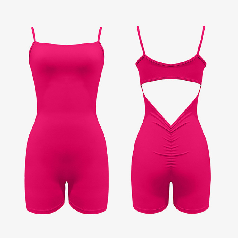 Cross-border one-piece suit with thin shoulder and back, short shorts, one-piece suit with hollowed-out V-waist and pleated yoga one-piece suit details Picture