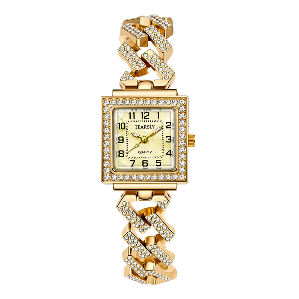Cross-border bestseller luminous mother-of-pearl women's watch square full diamond British watch Cuban chain watch women's wholesale customization Item Picture