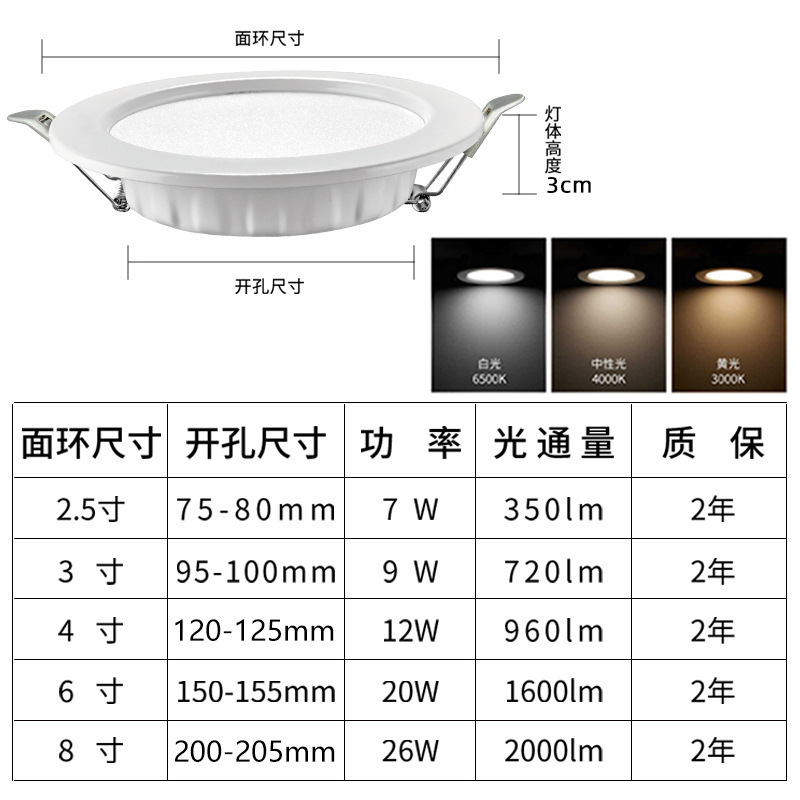 Ceiling ultra-thin anti-glare downlight, 75-hole light, household living room hole light, square three-color led downlight, recessed Specification image