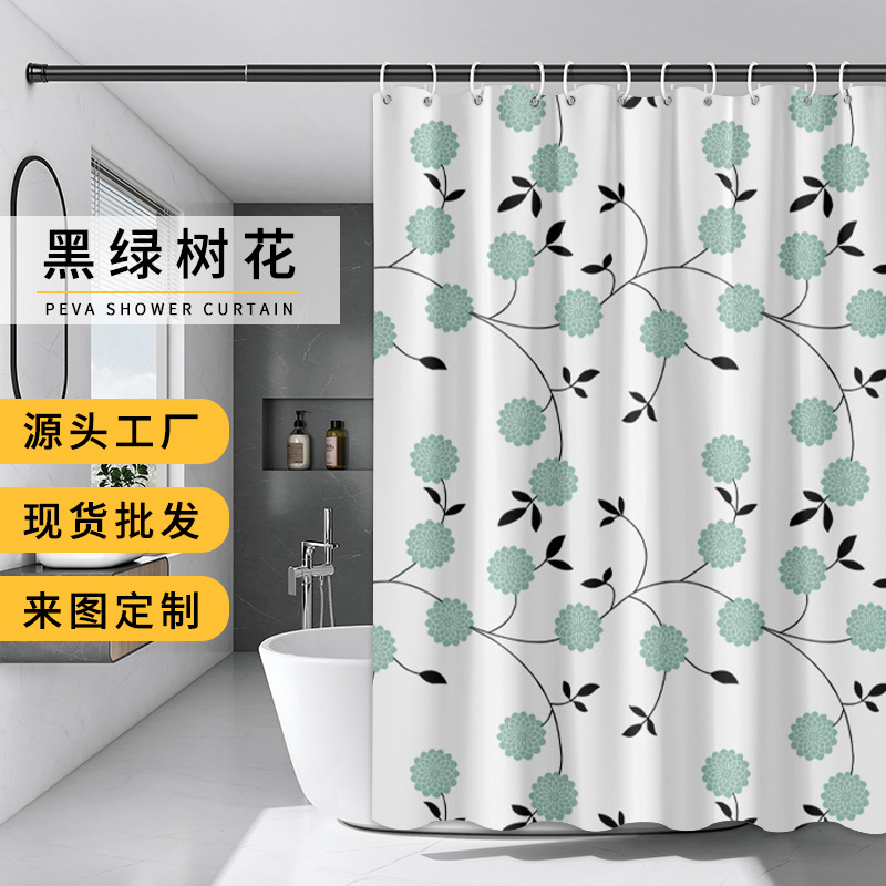 跨境电商新款印花浴室帘 黑绿树花不透明防水加厚浴帘 卫生间门帘