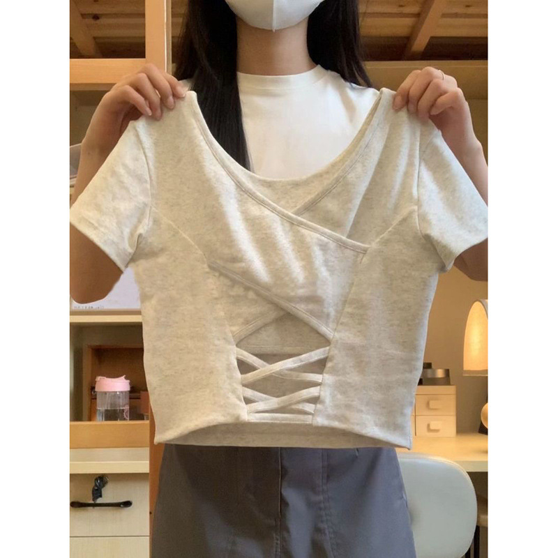 纯色辣妹正肩短袖T恤女夏季镂空美背带胸垫打底小衫短款上衣