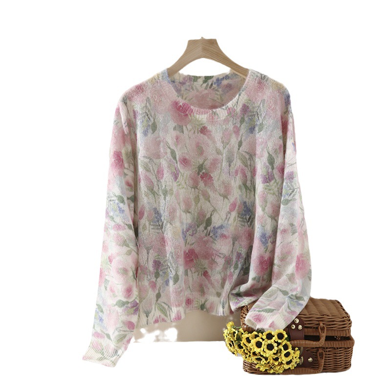 Flower Fairy Watercolor printed long-haired alpaca wool knitted sweater for spring, new wool round-neck pullover sweater for women Item Picture