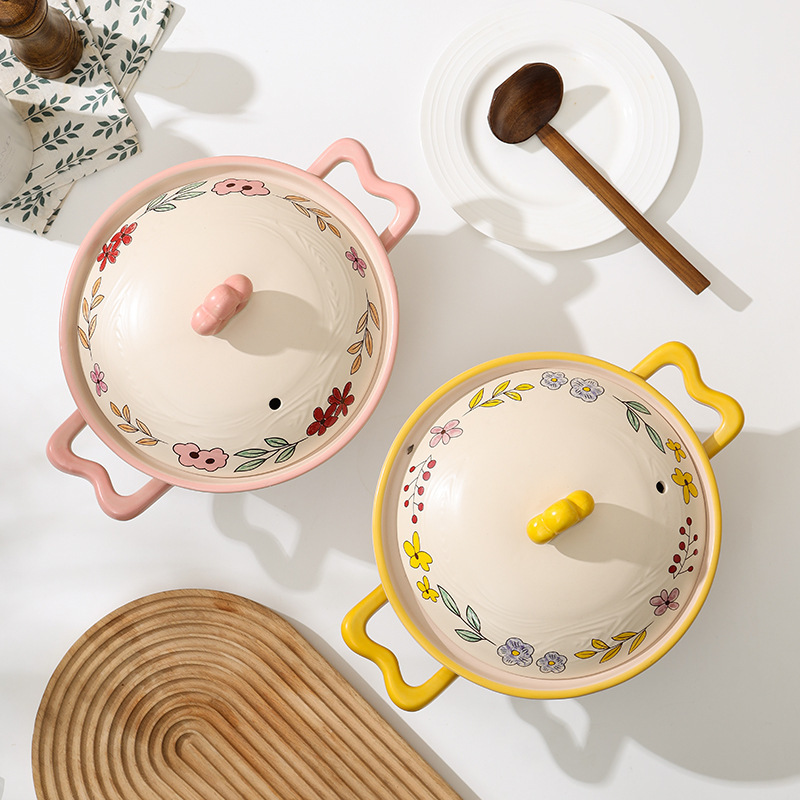 Hand-painted flower tree pattern clay pot for home use, high-temperature resistant, dry-burning without cracking, large soup pot, gas stove special soup pot for stewing and making soup Specification image