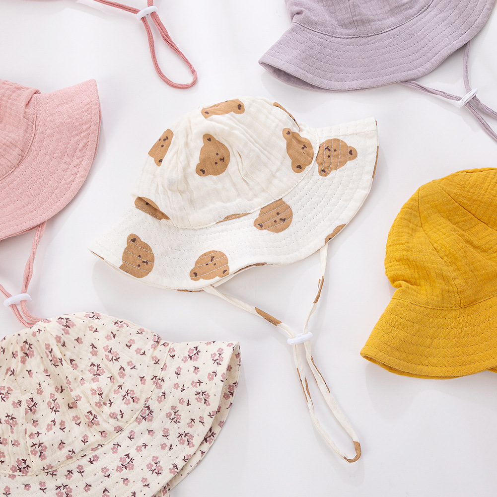 跨级新款婴儿纯棉盆帽欧美宝宝印花渔夫帽双层纱布透气遮阳渔天帽细节图