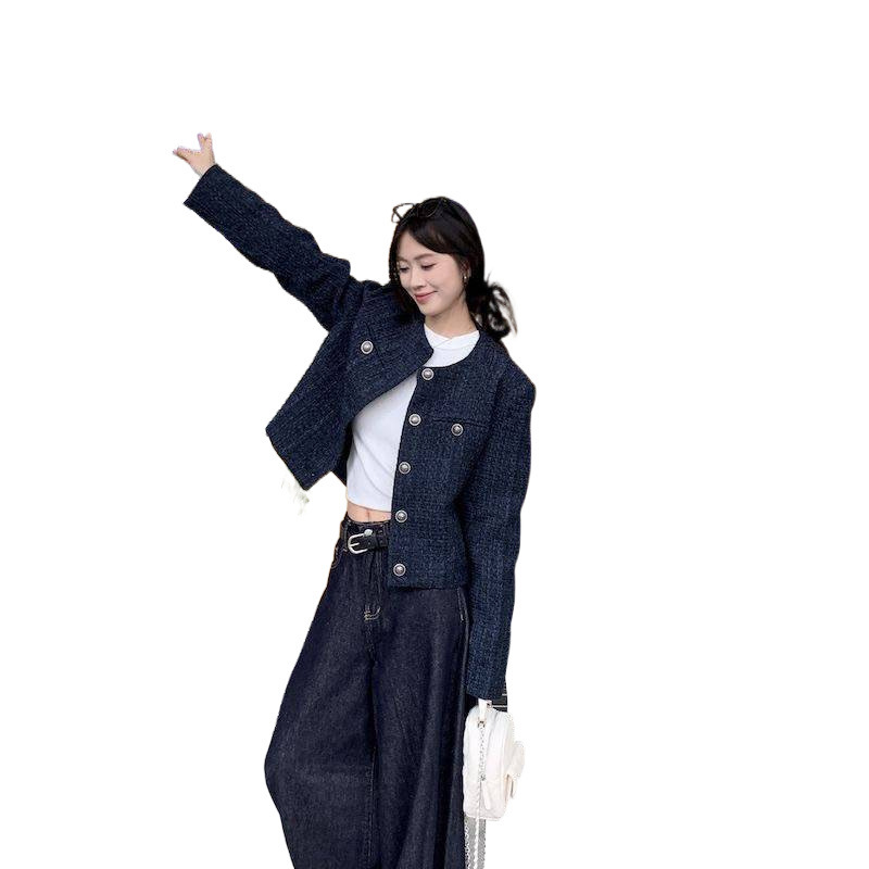Navy blue short chanel-style coat for women, a new single-breasted retro high-end loose long-sleeved top for autumn and winter 2025 Item Picture