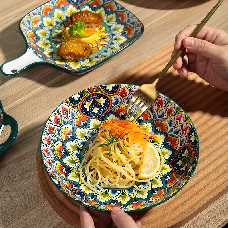 Bohemian bowl and plate tableware set manufacturer wholesale underglaze ceramic dinner plates, baking plates, rice bowls, tree-patterned soup bowls Application Scenario