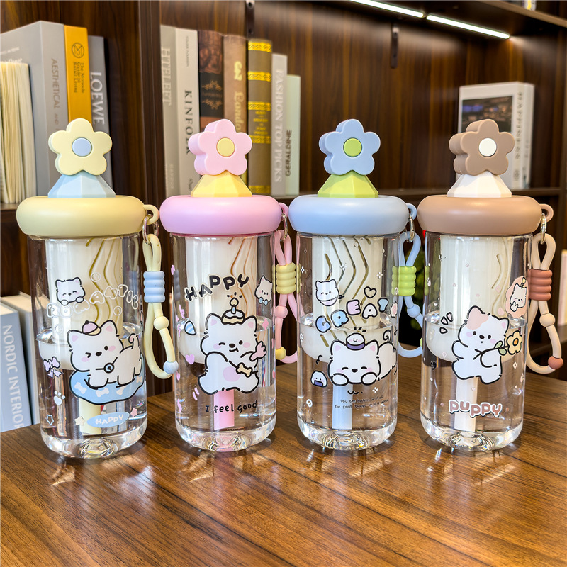 Cute cat-patterned transparent water cup with handle, glass cup with sun relief, glass thermos Specification image