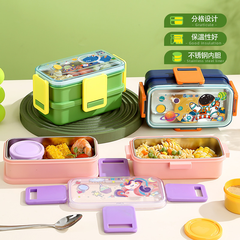 Stainless steel lunch box 304 cartoon layered lunch box with rice, office worker sealed and odor-free fruit salad box