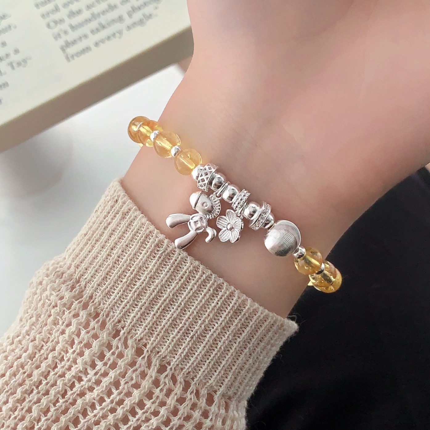 s925 sterling silver 12.2 citrine bracelet, a trendy design with cat-eye round beads, exudes a sense of fashion and sophistication