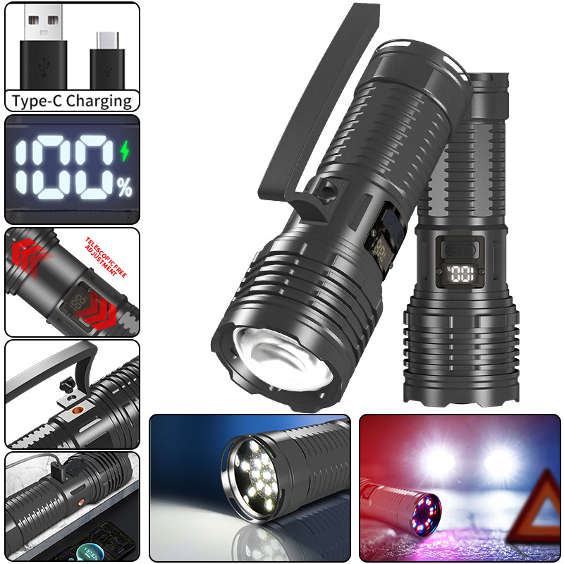 Cross-border new 60W+30LED multi-functional digital display strong light portable lamp XHP360+30LED flashlight Specification image