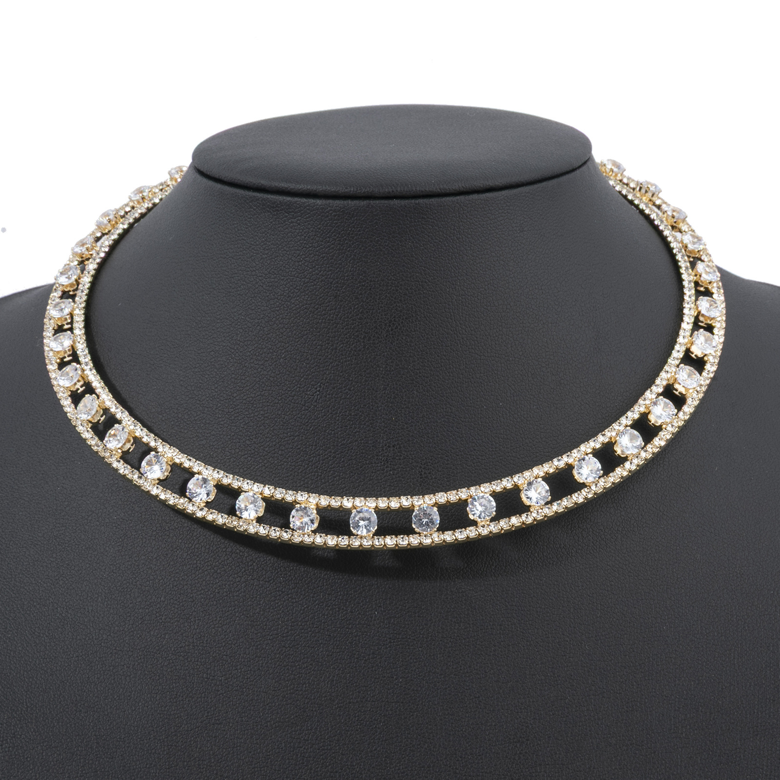 Amazon cross-border's new zircon necklace Choker 2-row steel wire elastic opening necklace, exaggerated and trendy rhinestone necklace, full of diamonds and shining necklace accessories wholesale full figure