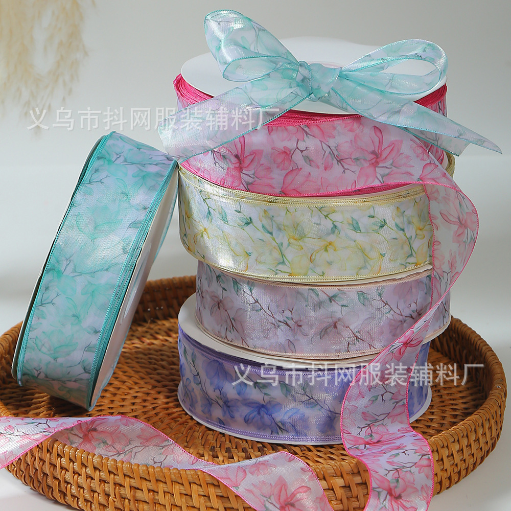 Primavera verano 4cm flor hilado cinta hecho a mano DIY accesorios de pelo tocados cinta de seda accesorios de ropa flores embalaje cinta al por mayor