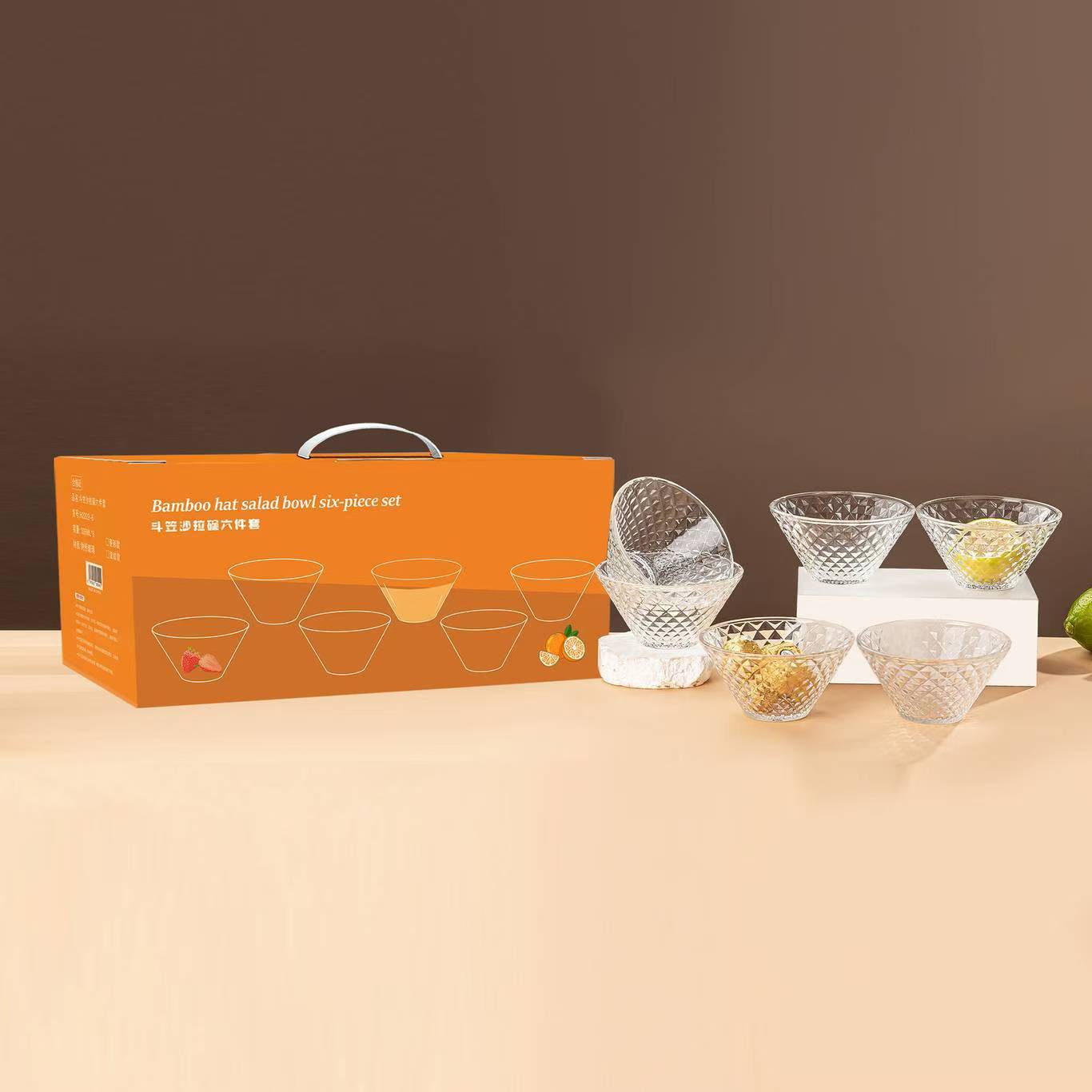High appearance level bamboo hat glass bowl six-piece set, home salad bowl set, event opening gift, casual gift, promotional gift Application Scenario
