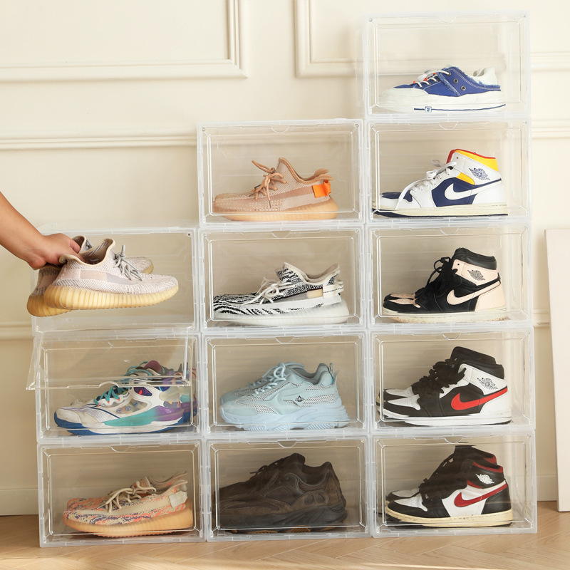 新款侧开透明篮球鞋盒亚克力磁吸可折叠翻盖收纳鞋盒鞋子收纳盒白底实物图