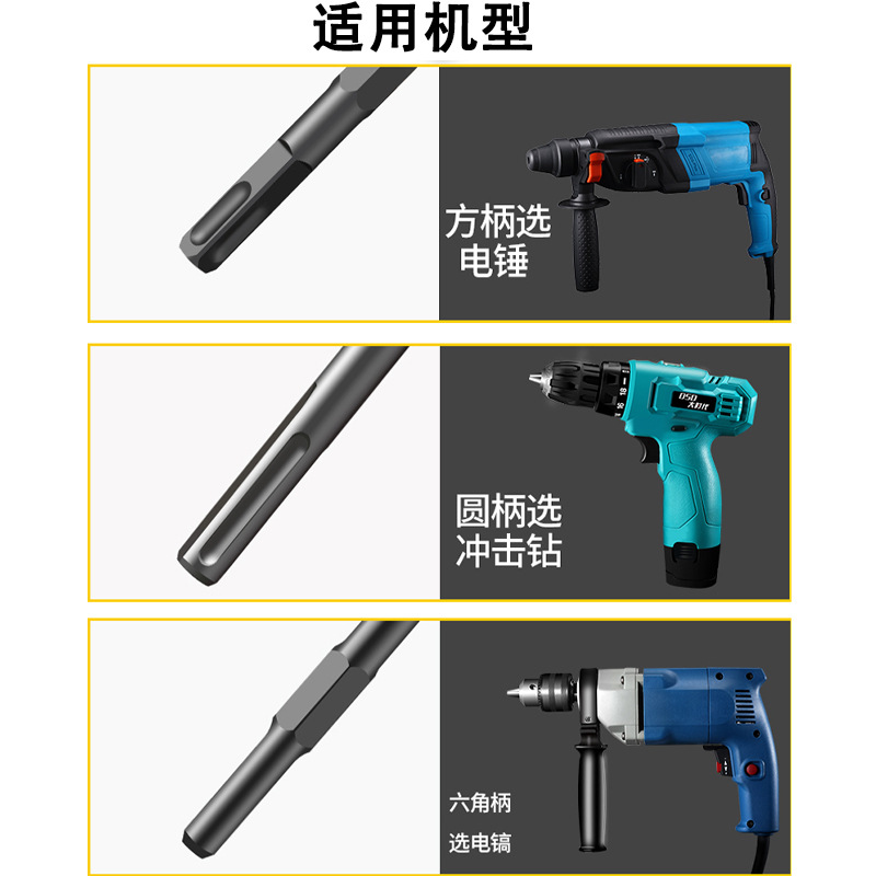 Hexagonal electric pickaxe, sharp chisel, flat chisel, stonemason chisel, concrete electric draft, steel chisel, pickaxe handle, light electric pickaxe head details Picture