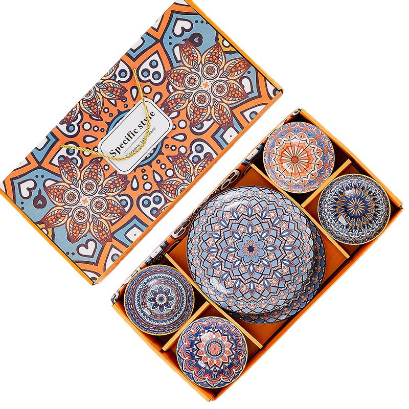 Bohemian ceramic bowl, plate, cutlery gift box set, practical rice bowl and cross-border gift for opening event Item Picture