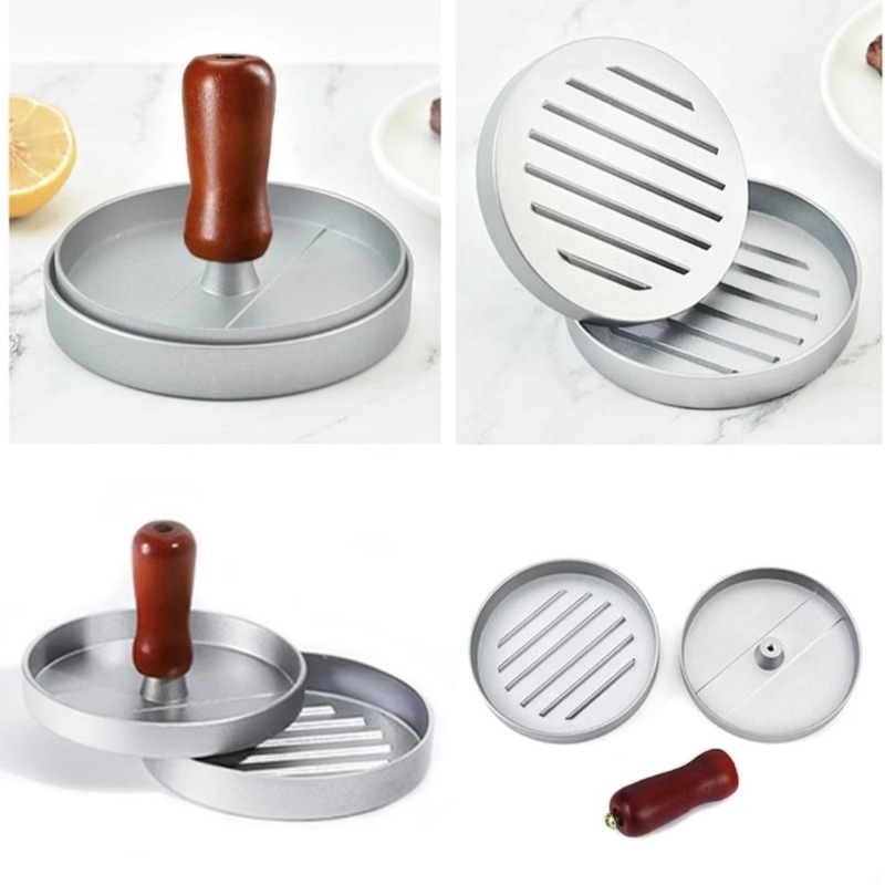Aluminum wooden-handled hamburger Patty press, Patty press plate, round Patty mold, kitchen hamburger Patty press, cross-border special supply details Picture