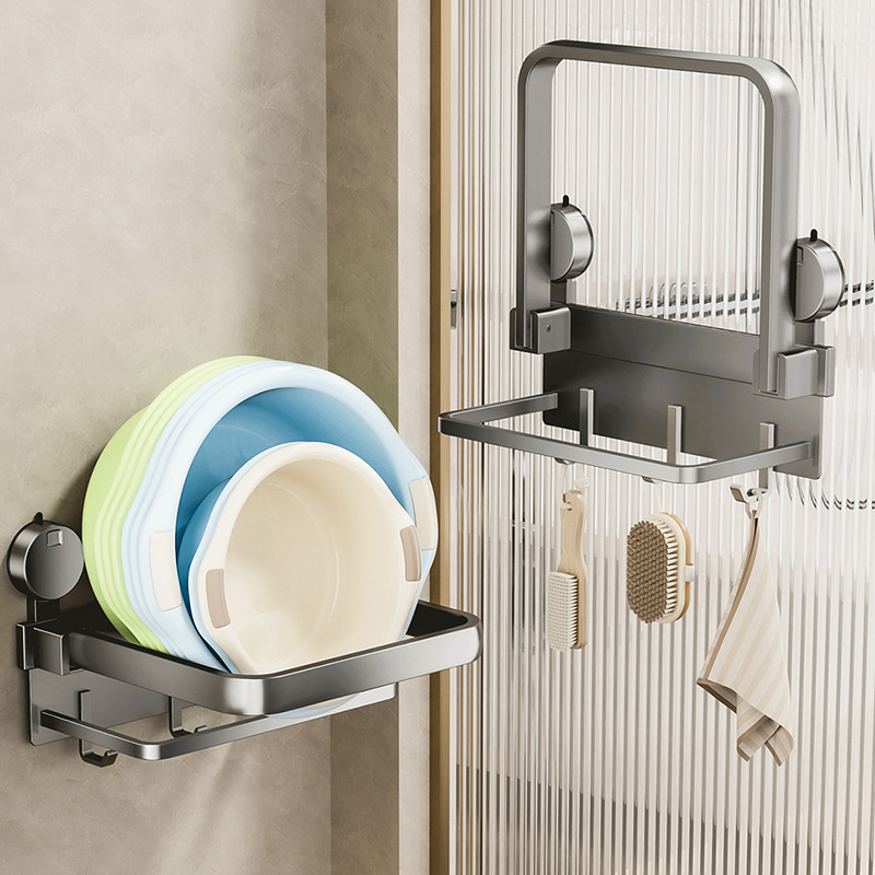 Gun ash suction cup basin storage rack, no need for drilling, bathroom wall-mounted folding basin rack, bathroom basin storage rack details Picture