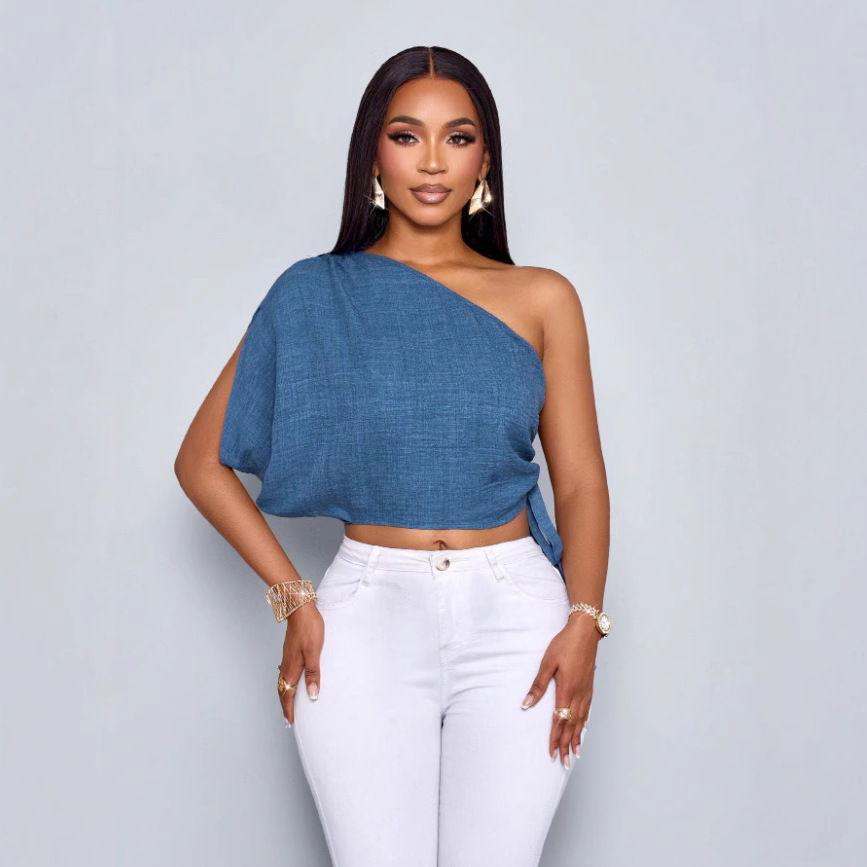Amazon Spring/Summer Women's casual top for commuting, made of blue textured fabric, single-shoulder folding, adjustable drawstring for hot girls Specification drawing