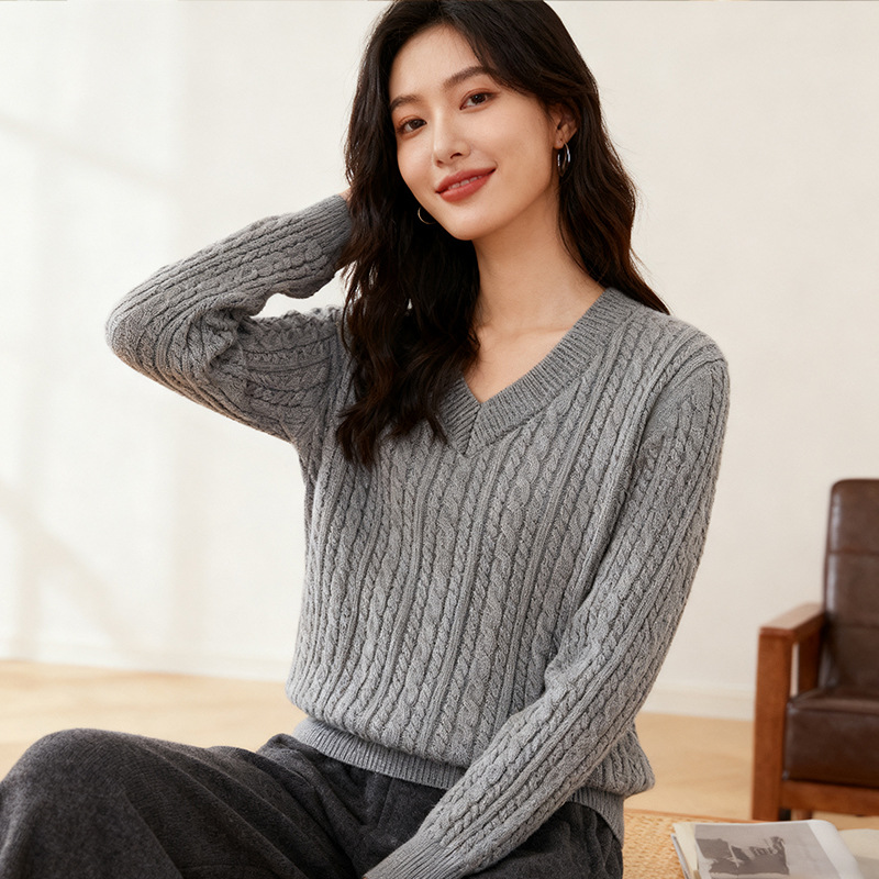 Dalang Sweater Factory wholesals elegant and ladylike grey V-neck long-sleeved braided pullover 100% cotton knitted sweaters for autumn and winter