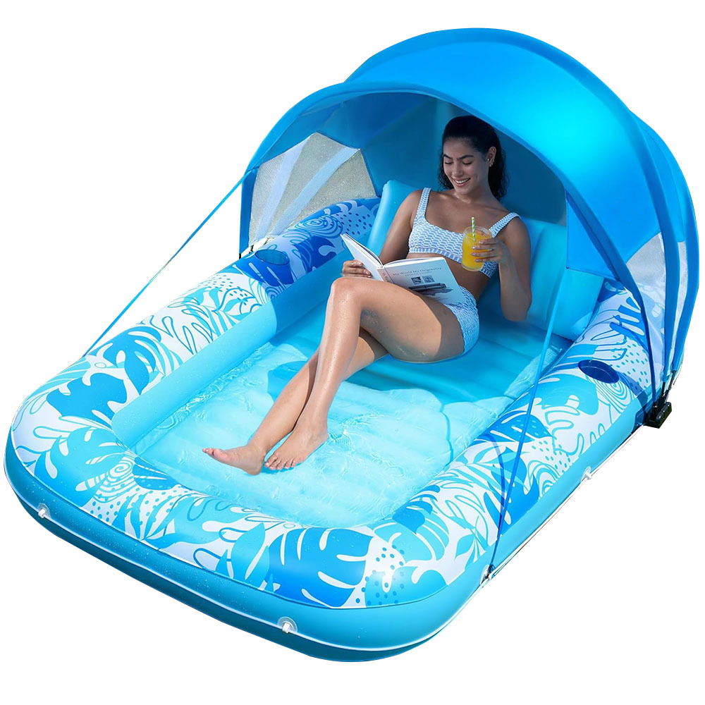 充气美黑水池阳光水池水上遮阳浮排充气躺椅户外日光浴晒黑池浮床白底实物图